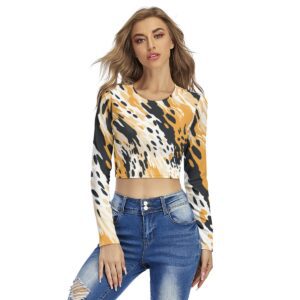 Animal Seamless Patterns Textures Design - All-Over Print Women's Round Neck Crop Top T-Shirt