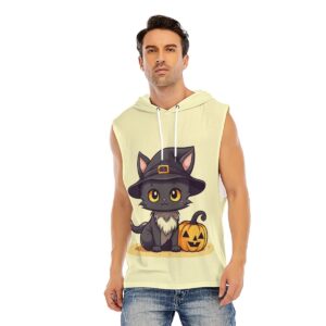 Black Cat With Pumpkin Design - All-Over Print Men’s Sleeveless Pullover Hoodie
