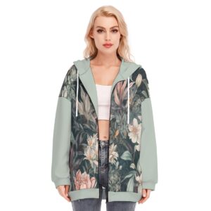 Botanical Flower Pattren Design - All-Over Print Women's Long Hoodie With Zipper Closure