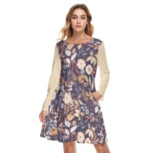 Navy Watercolor Flowers Pattern Design - All-Over Print Women's Round Neck Dress|190GSM Cotton