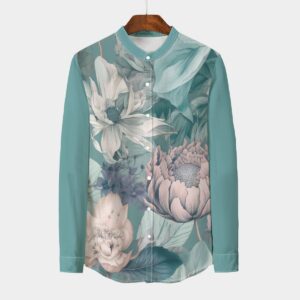 Floral Flower Pattren All-Over Print Men's Stand Collar Shirt With Long Sleeve |110GSM Imitation Flax