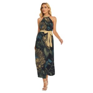 Diffusion high contrast oil painting floral - All-Over Print Women's Wrap Hem Belted Halter Dress