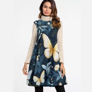 Butterflies Seamless Design - All-Over Print Women's High Neck Dress With Long Sleeve