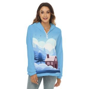 Winter Nature Illustration Design - All-Over Print Women's Borg Fleece Hoodie With Half Zip