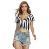 Black And White Zebra Animal Patte Design - All-Over Print Women's Raglan Drawstring Front Crop Tee