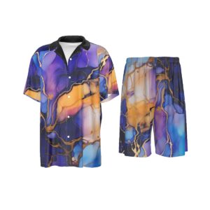 Blue Gold Ink Design - All-Over Print Men's Imitation Silk Shirt Suit