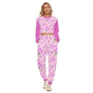 Pink Cherry Blossom Seamless Pattern Watercolor - All-Over Print Women's Crop Sweatshirt Suit