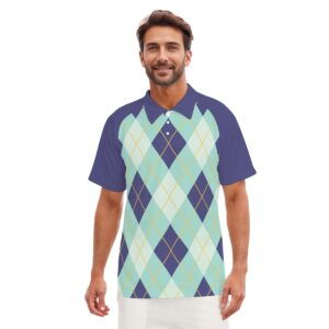 Textile Seamless Plaid Pattern - All-Over Print Men's Short Sleeve Polo Shirt With Button Closure