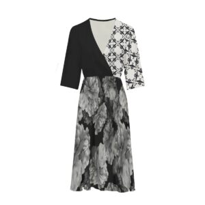 Black Peonies Flower Pattren Design - All-Over Print Women's Knee-Length V-Neck Dress