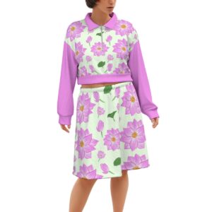 Lotus Seamless Pattern Watercolor Design - All-Over Print Women's Cropped And Skirt Set