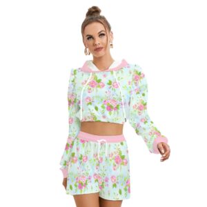 Pink Flower Pattren Design - All-Over Print Women's Mirco Fleece Hoodie And Shorts Set