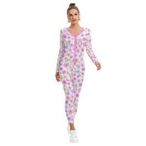 Pink Ditsy Flowers Design - All-Over Print Women's Plunging Neck Jumpsuit