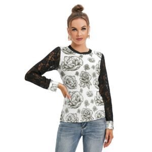 Flower Pattren Lineart Design - All-Over Print Women's T-shirt And Sleeve With Black Lace
