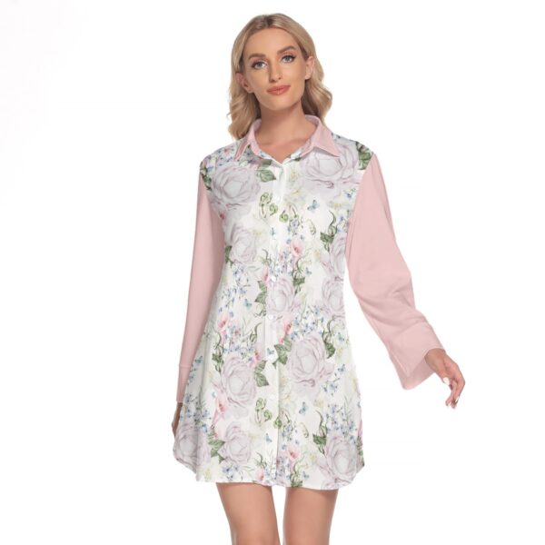 White Hand Drawn Watercolor Pattern - All-Over Print Women's Lapel Shirt Dress With Long Sleeve