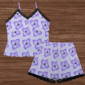 HIdrangea Watercolor Seamless Pattern Design - All-Over Print Women's Cami Home Suit With Lace Edge