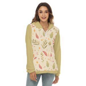 Pattern Dry Leaves Design - All-Over Print Women's Borg Fleece Hoodie With Half Zip