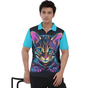 Neon Colors Cat Design - All-over Print Men's Polo Shirt with Zipper