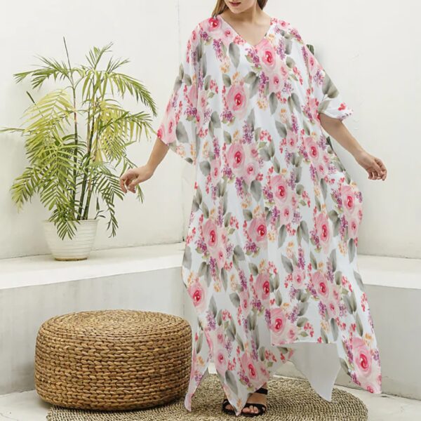 Pink Hand Drawn Watercolor Pattern Flower - All-Over Print Women's Imitation Silk V-neck Kaftan Robe