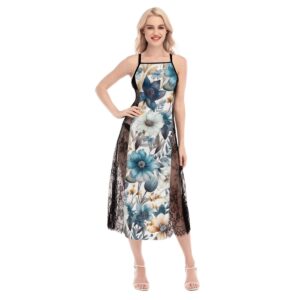 Floral Watercolor Flowers Pattren Design - All-Over Print Women's Lace Cami Cross Back Dress