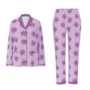 Purple Leaves Pattren - All-Over Print Women's Long Sleeve Pajama Set With Black Contrast Piping