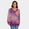 Colorful Alcohol Ink Texture - Over Print Women's V-neck Imitation Knitted Sweater With Long Sleeve